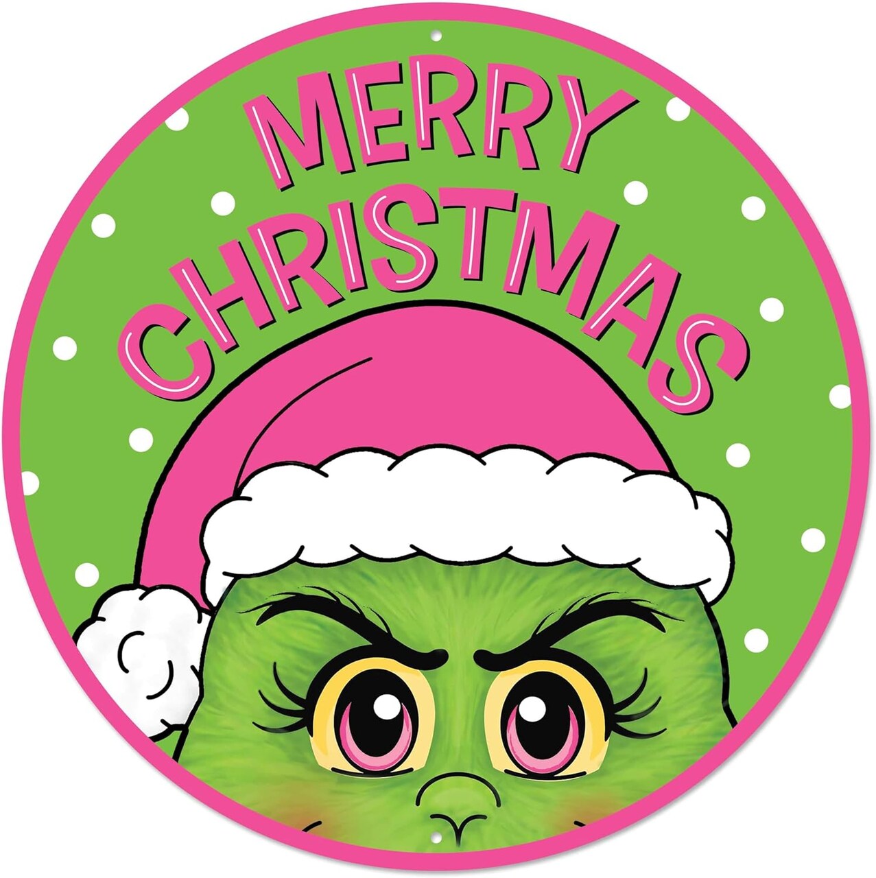 Christmas Monster 12" Wreath Sign Centerpiece, Flat Round Metal Plate - For Craft Accents, Floral Arrangements, and Decorations (Elf - Pink, Lime Green)